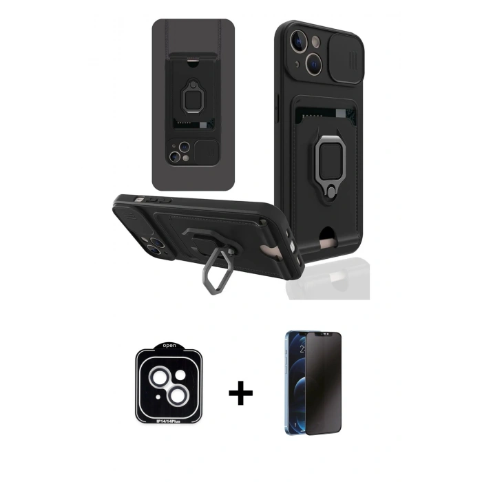 MARSİLYAN™- iPhone 14 Kılıf Vadi Form Prime - Siyah 3D Antistatik Hayalet Cam Ekran Koruyucu + PVD Metal Kamera Lens - GS