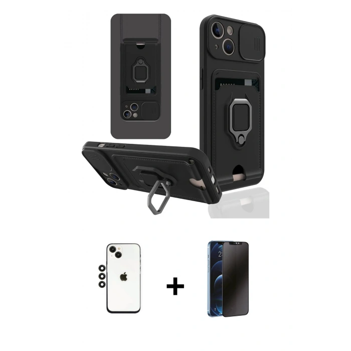 MARSİLYAN™- iPhone 14 Kılıf Vadi Form Prime - Siyah 3D Antistatik Hayalet Cam Ekran Koruyucu + Shine Kamera Lens - SH