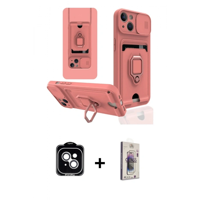 MARSİLYAN™- iPhone 14 Kılıf Vadi Form Prime - Siyah Bilvis 3D Cam Ekran Koruyucu + PVD Metal Kamera Lens - GS