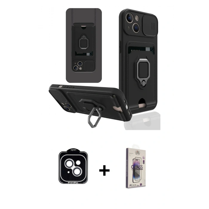 MARSİLYAN™- iPhone 14 Kılıf Vadi Form Prime - Siyah Bilvis 3D Cam Ekran Koruyucu + PVD Metal Kamera Lens - GS