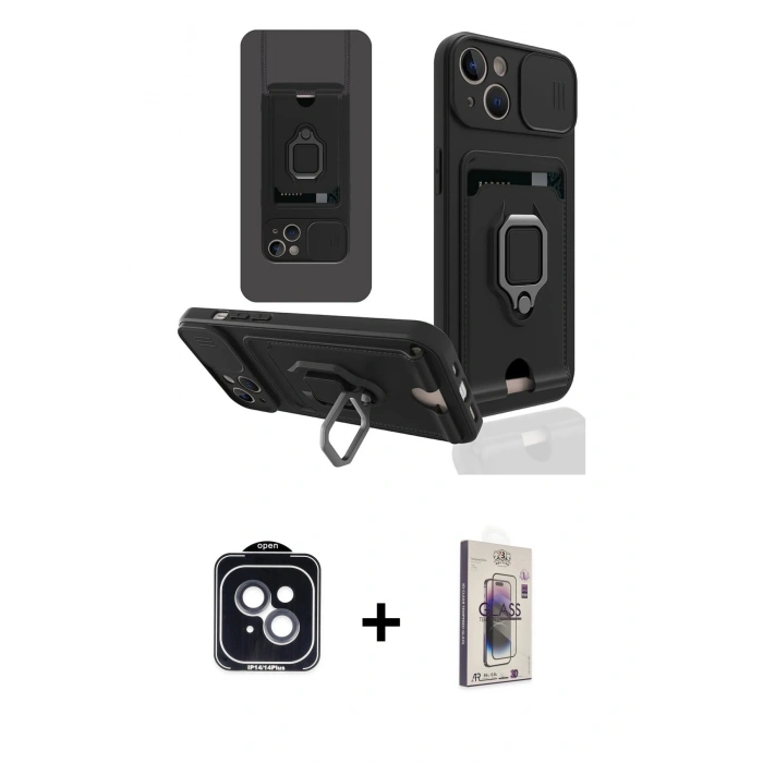 MARSİLYAN™- iPhone 14 Kılıf Vadi Form Prime - Siyah Bilvis 3D Cam Ekran Koruyucu + PVD Metal Kamera Lens - SH
