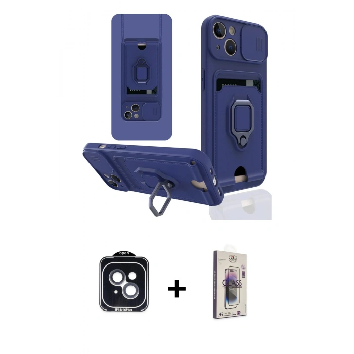 MARSİLYAN™- iPhone 14 Kılıf Vadi Form Prime - Siyah Bilvis 3D Cam Ekran Koruyucu + PVD Metal Kamera Lens - SH