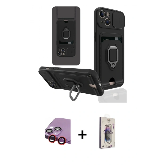 MARSİLYAN™- iPhone 14 Kılıf Vadi Form Prime - Siyah Bilvis 3D Cam Ekran Koruyucu + Raze Metal Kamera Lens - KI