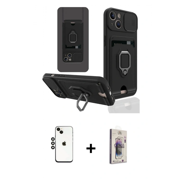 MARSİLYAN™- iPhone 14 Kılıf Vadi Form Prime - Siyah Bilvis 3D Cam Ekran Koruyucu + Siyah Shine Kamera Lens