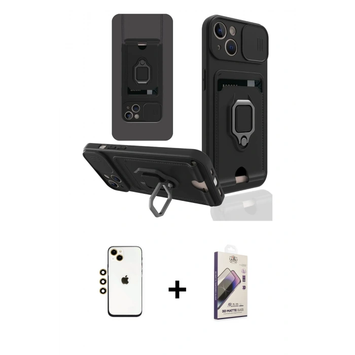 MARSİLYAN™- iPhone 14 Kılıf Vadi Form Prime - Siyah Bilvis 3D Mat Cam Ekran Koruyucu + Shine Kamera Lens - GD