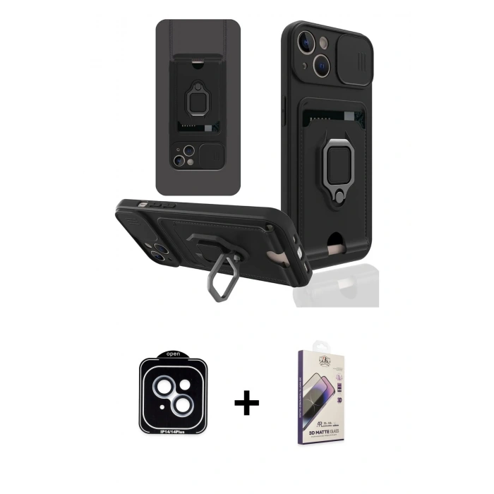 MARSİLYAN™- iPhone 14 Kılıf Vadi Form Prime - Siyah Bilvis 3D Mat Cam Ekran Koruyucu + PVD Metal Kamera Lens - MI
