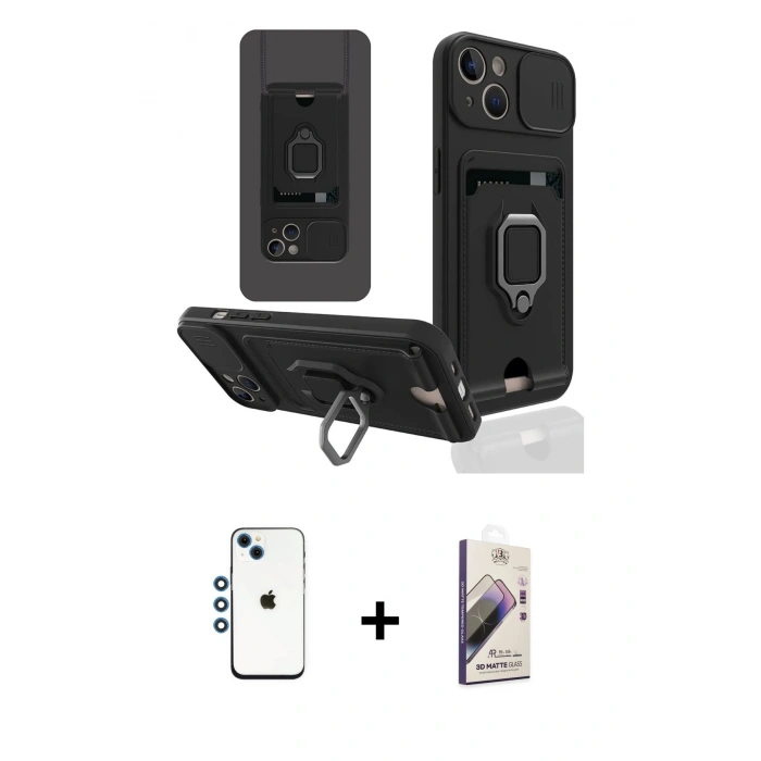 MARSİLYAN™- iPhone 14 Kılıf Vadi Form Prime - Siyah Bilvis 3D Mat Cam Ekran Koruyucu + Shine Kamera Lens - MI
