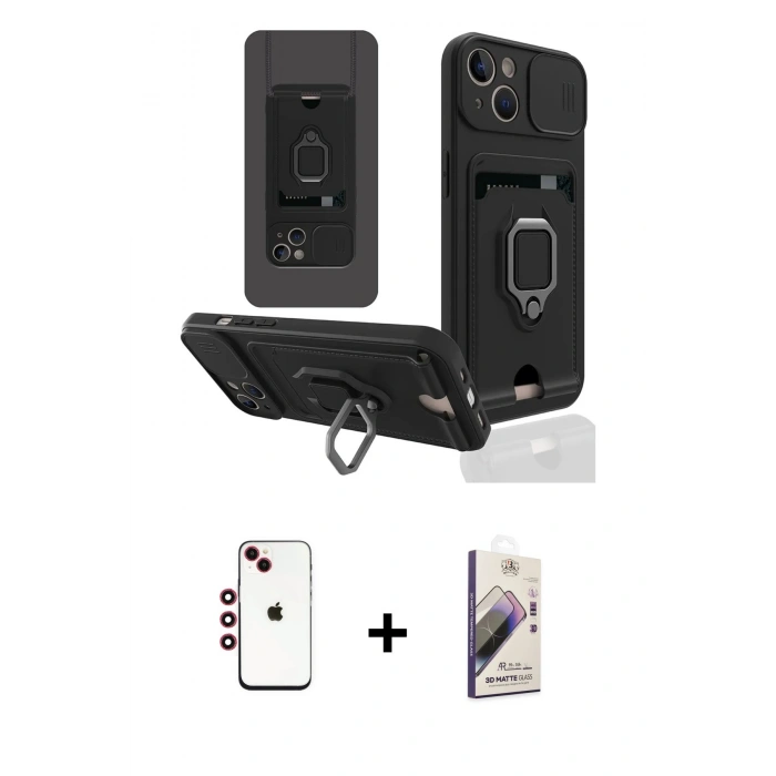 MARSİLYAN™- iPhone 14 Kılıf Vadi Form Prime - Siyah Bilvis 3D Mat Cam Ekran Koruyucu + Shine Kamera Lens - KI