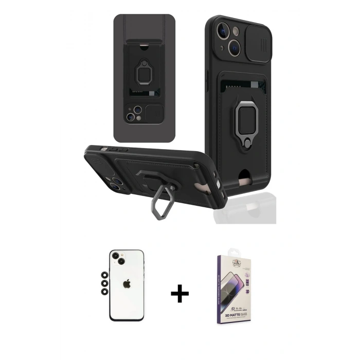 MARSİLYAN™- iPhone 14 Kılıf Vadi Form Prime - Siyah Bilvis 3D Mat Cam Ekran Koruyucu + Shine Kamera Lens - SH