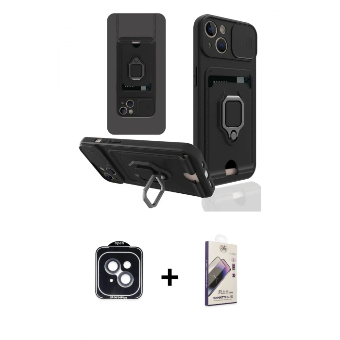MARSİLYAN™- iPhone 14 Kılıf Vadi Form Prime - Siyah Bilvis 3D Mat Cam Ekran Koruyucu + PVD Metal Kamera Lens - SH