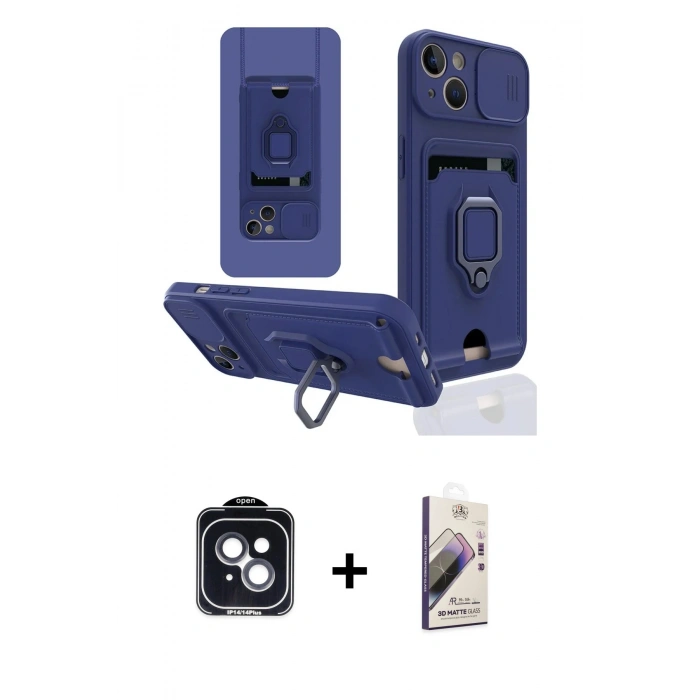 MARSİLYAN™- iPhone 14 Kılıf Vadi Form Prime - Siyah Bilvis 3D Mat Cam Ekran Koruyucu + PVD Metal Kamera Lens - SH