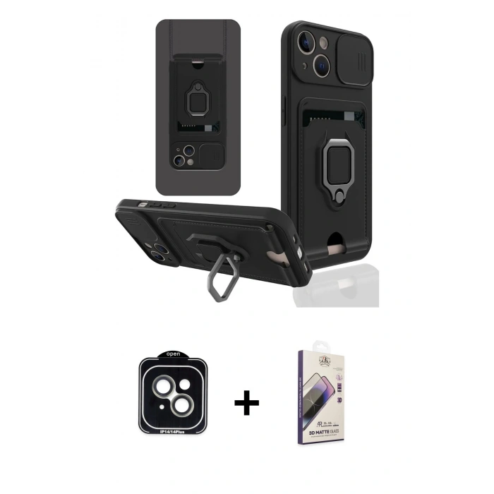 MARSİLYAN™- iPhone 14 Kılıf Vadi Form Prime - Siyah Bilvis 3D Mat Cam Ekran Koruyucu + PVD Metal Kamera Lens - YL