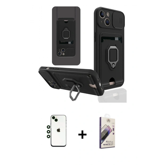 MARSİLYAN™- iPhone 14 Kılıf Vadi Form Prime - Siyah Bilvis 3D Mat Cam Ekran Koruyucu + Shine Kamera Lens - YL