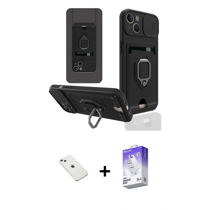 MARSİLYAN™- iPhone 14 Kılıf Vadi Form Prime - Siyah Bilvis 5in1 3D Magic Cam Ekran Koruyucu + Diamond Kamera Lens - SABE