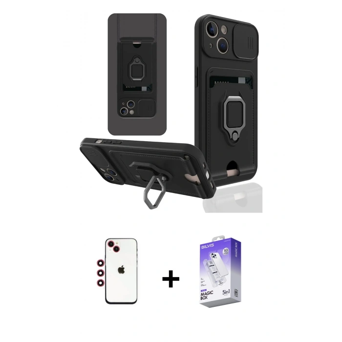 MARSİLYAN™- iPhone 14 Kılıf Vadi Form Prime - Siyah Bilvis 5in1 3D Magic Cam Ekran Koruyucu + Shine Kamera Lens - KI