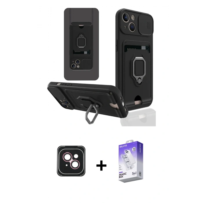 MARSİLYAN™- iPhone 14 Kılıf Vadi Form Prime - Siyah Bilvis 5in1 3D Magic Cam Ekran Koruyucu + PVD Metal Kamera Lens - PE