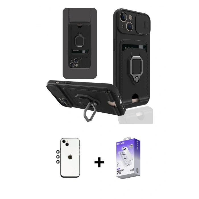 MARSİLYAN™- iPhone 14 Kılıf Vadi Form Prime - Siyah Bilvis 5in1 3D Magic Cam Ekran Koruyucu + Shine Kamera Lens - GS