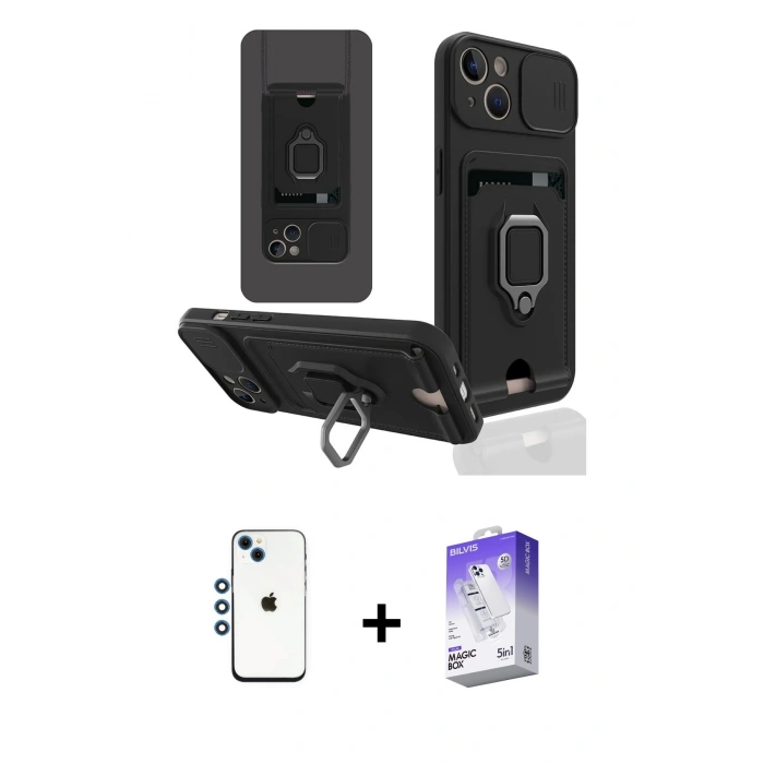MARSİLYAN™- iPhone 14 Kılıf Vadi Form Prime - Siyah Bilvis 5in1 3D Magic Cam Ekran Koruyucu + Shine Kamera Lens - MI