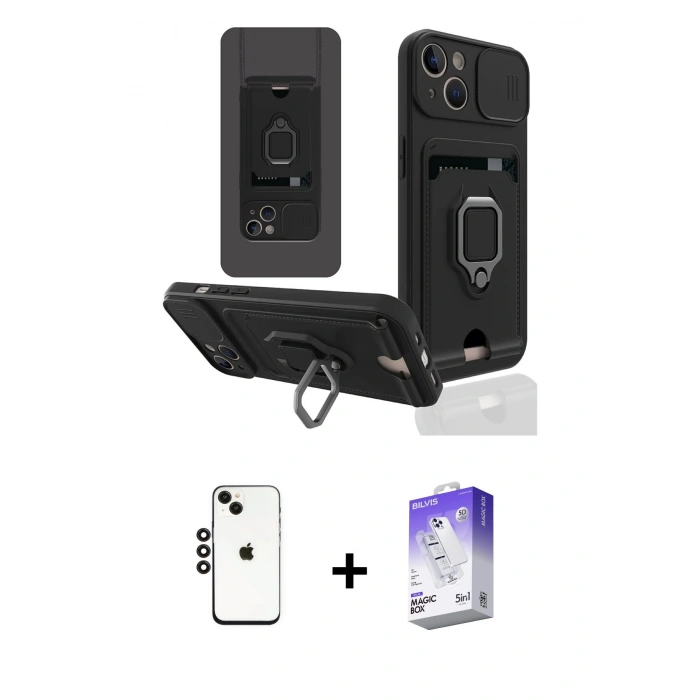 MARSİLYAN™- iPhone 14 Kılıf Vadi Form Prime - Siyah Bilvis 5in1 3D Magic Cam Ekran Koruyucu + Shine Kamera Lens - SH