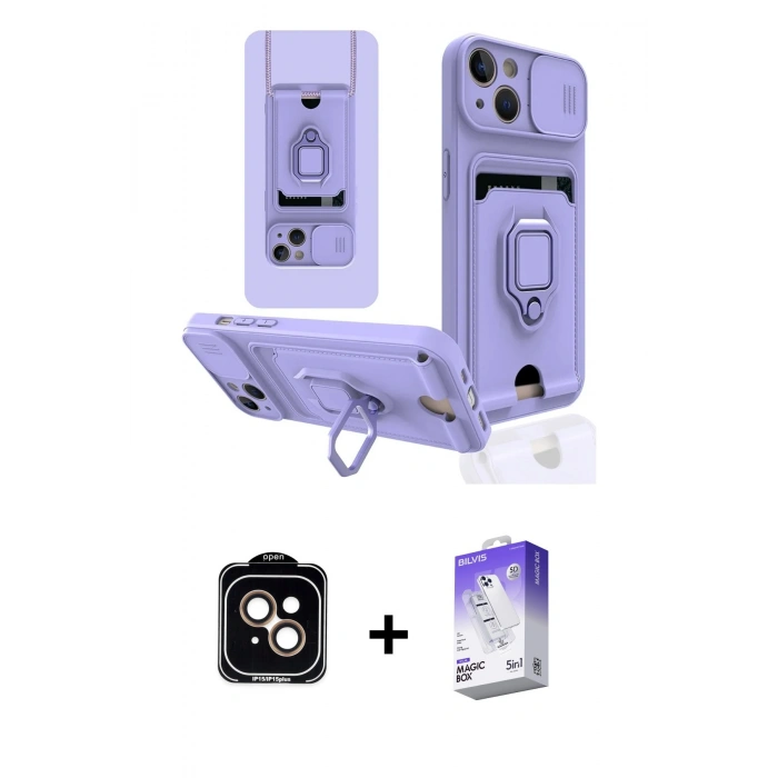 MARSİLYAN™- iPhone 14 Kılıf Vadi Form Prime - Siyah Bilvis 5in1 3D Magic Cam Ekran Koruyucu + Turuncu PVD Metal Kamera Lens