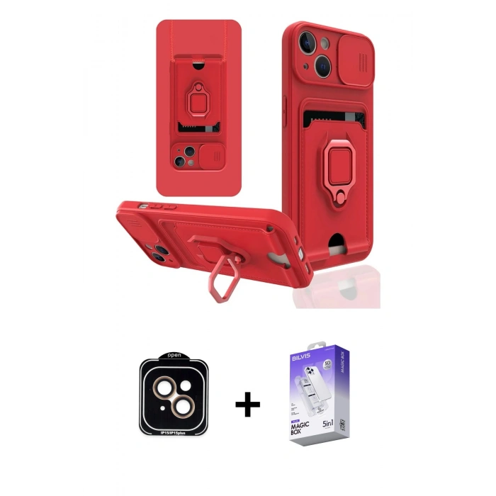MARSİLYAN™- iPhone 14 Kılıf Vadi Form Prime - Siyah Bilvis 5in1 3D Magic Cam Ekran Koruyucu + Turuncu PVD Metal Kamera Lens