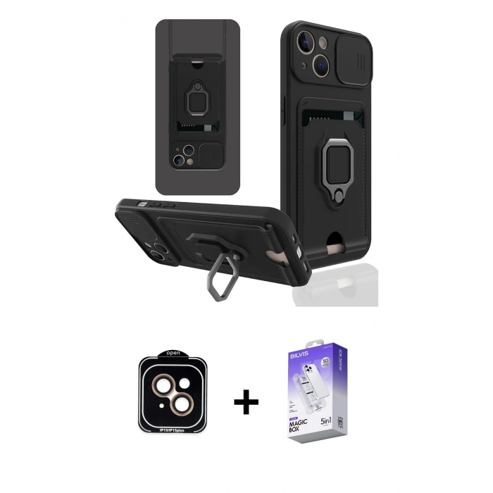 MARSİLYAN™- iPhone 14 Kılıf Vadi Form Prime - Siyah Bilvis 5in1 3D Magic Cam Ekran Koruyucu + Turuncu PVD Metal Kamera Lens