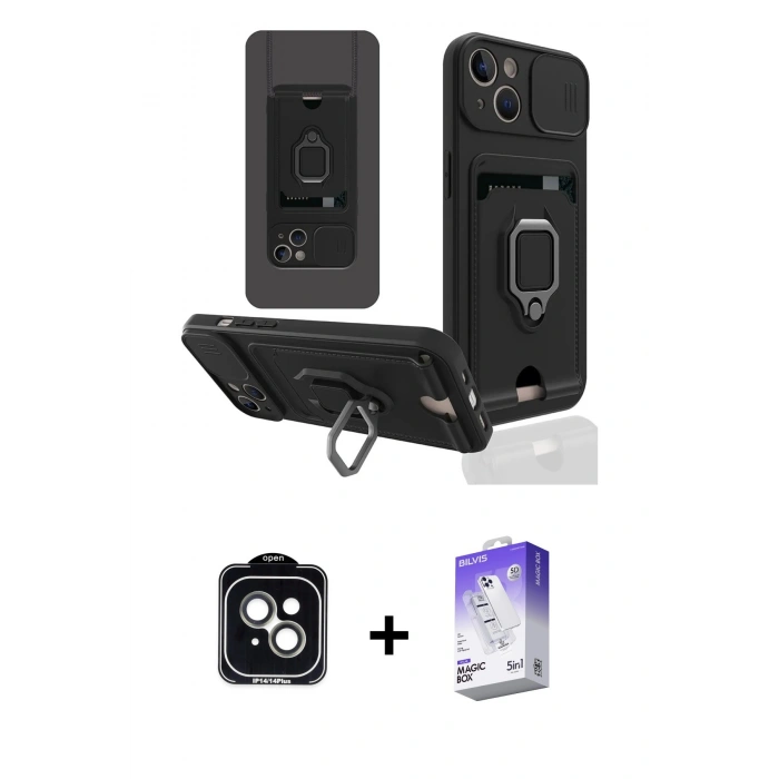 MARSİLYAN™- iPhone 14 Kılıf Vadi Form Prime - Siyah Bilvis 5in1 3D Magic Cam Ekran Koruyucu + PVD Metal Kamera Lens - YL