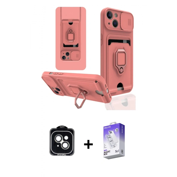 MARSİLYAN™- iPhone 14 Kılıf Vadi Form Prime - Siyah Bilvis 5in1 3D Magic Cam Ekran Koruyucu + PVD Metal Kamera Lens - YL