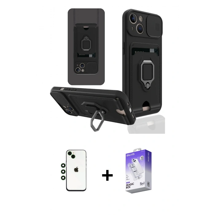 MARSİLYAN™- iPhone 14 Kılıf Vadi Form Prime - Siyah Bilvis 5in1 3D Magic Cam Ekran Koruyucu + Shine Kamera Lens - YL