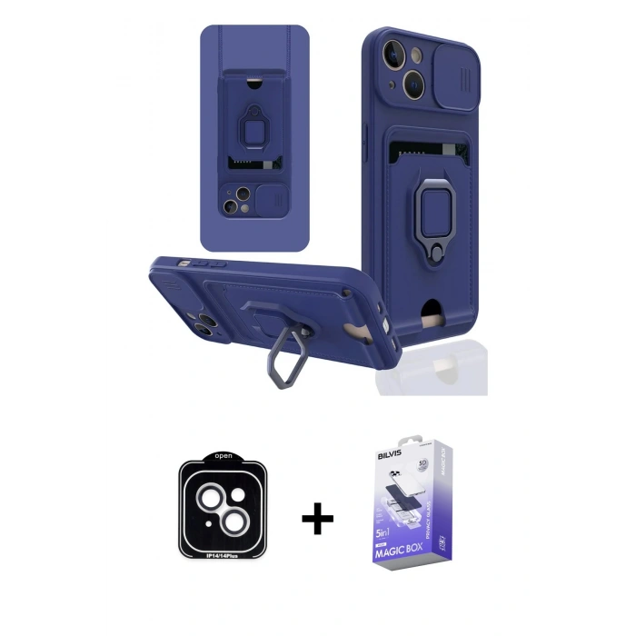 MARSİLYAN™- iPhone 14 Kılıf Vadi Form Prime - Siyah Bilvis 5in1 5D Magic Hayalet Cam Ekran Koruyucu + PVD Metal Kamera Lens - GS