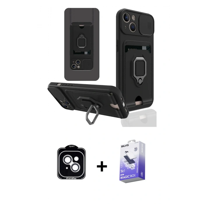 MARSİLYAN™- iPhone 14 Kılıf Vadi Form Prime - Siyah Bilvis 5in1 5D Magic Hayalet Cam Ekran Koruyucu + PVD Metal Kamera Lens - GS