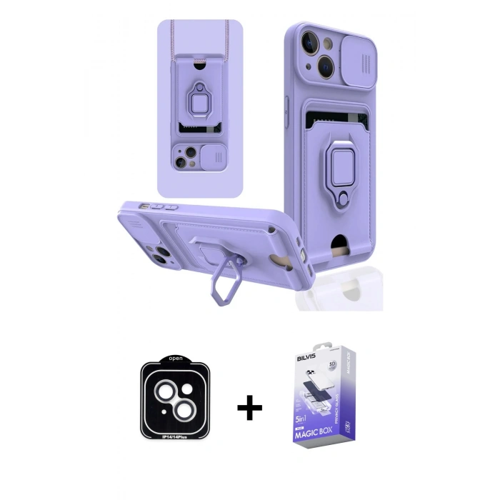MARSİLYAN™- iPhone 14 Kılıf Vadi Form Prime - Siyah Bilvis 5in1 5D Magic Hayalet Cam Ekran Koruyucu + PVD Metal Kamera Lens - GS