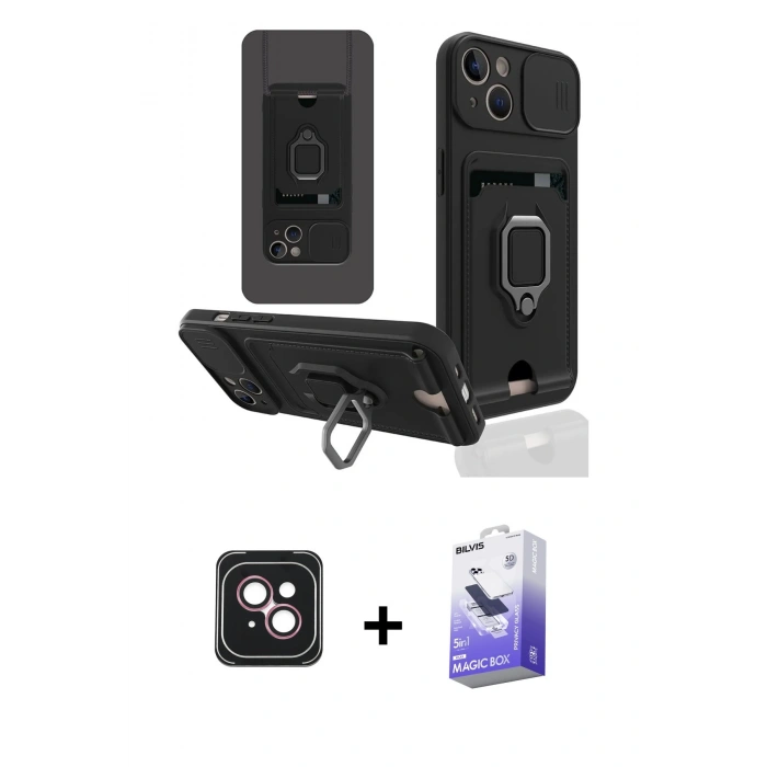 MARSİLYAN™- iPhone 14 Kılıf Vadi Form Prime - Siyah Bilvis 5in1 5D Magic Hayalet Cam Ekran Koruyucu + Pembe PVD Metal Kamera Lens