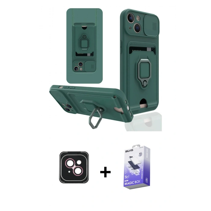MARSİLYAN™- iPhone 14 Kılıf Vadi Form Prime - Siyah Bilvis 5in1 5D Magic Hayalet Cam Ekran Koruyucu + Pembe PVD Metal Kamera Lens