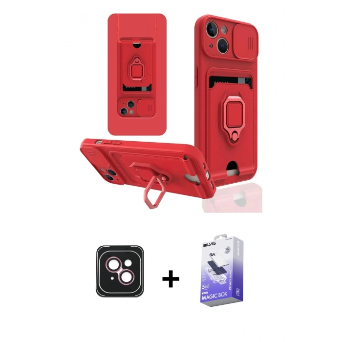 MARSİLYAN™- iPhone 14 Kılıf Vadi Form Prime - Siyah Bilvis 5in1 5D Magic Hayalet Cam Ekran Koruyucu + Pembe PVD Metal Kamera Lens