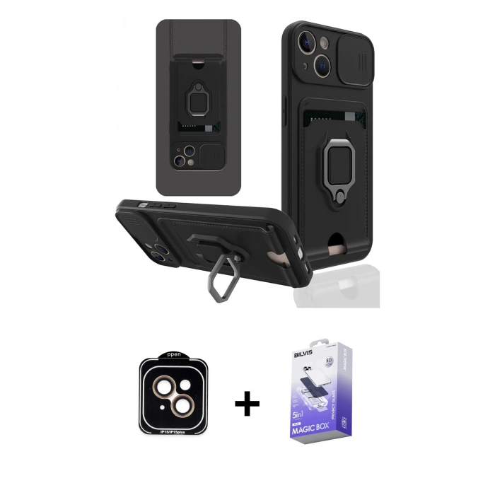 MARSİLYAN™- iPhone 14 Kılıf Vadi Form Prime - Siyah Bilvis 5in1 5D Magic Hayalet Cam Ekran Koruyucu + PVD Metal Kamera Lens - TU
