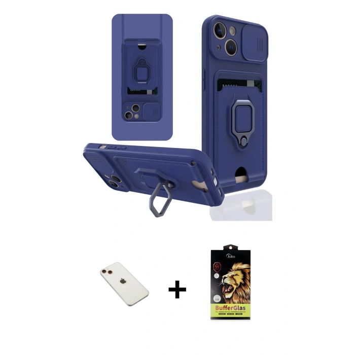 MARSİLYAN™- iPhone 14 Kılıf Vadi Form Prime - Siyah Buffer Cam Ekran Koruyucu + Diamond Kamera Lens - KI
