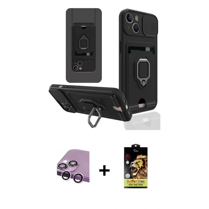MARSİLYAN™- iPhone 14 Kılıf Vadi Form Prime - Siyah Buffer Cam Ekran Koruyucu + Raze Metal Kamera Lens - MR