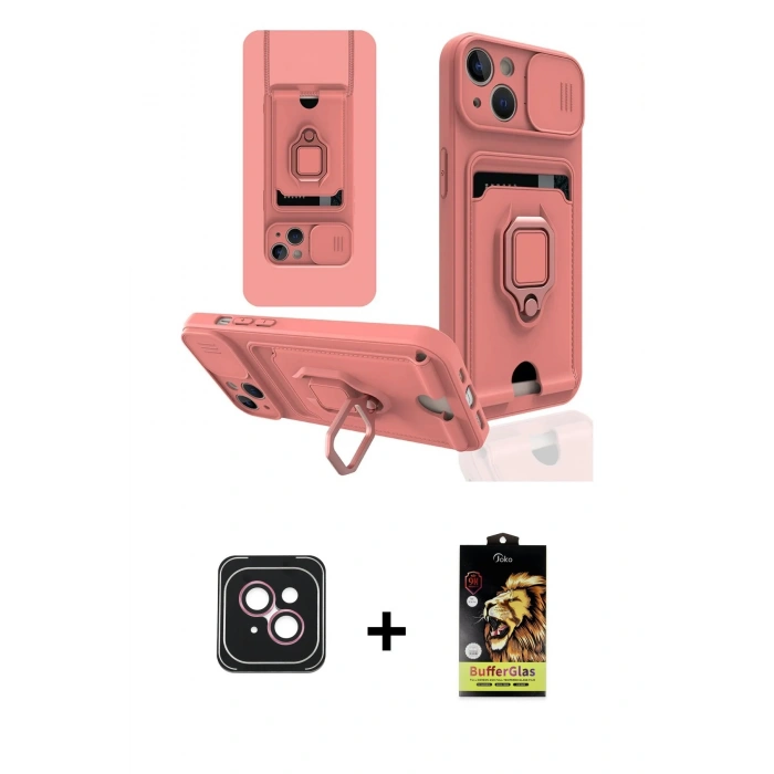MARSİLYAN™- iPhone 14 Kılıf Vadi Form Prime - Siyah Buffer Cam Ekran Koruyucu + PVD Metal Kamera Lens - PE