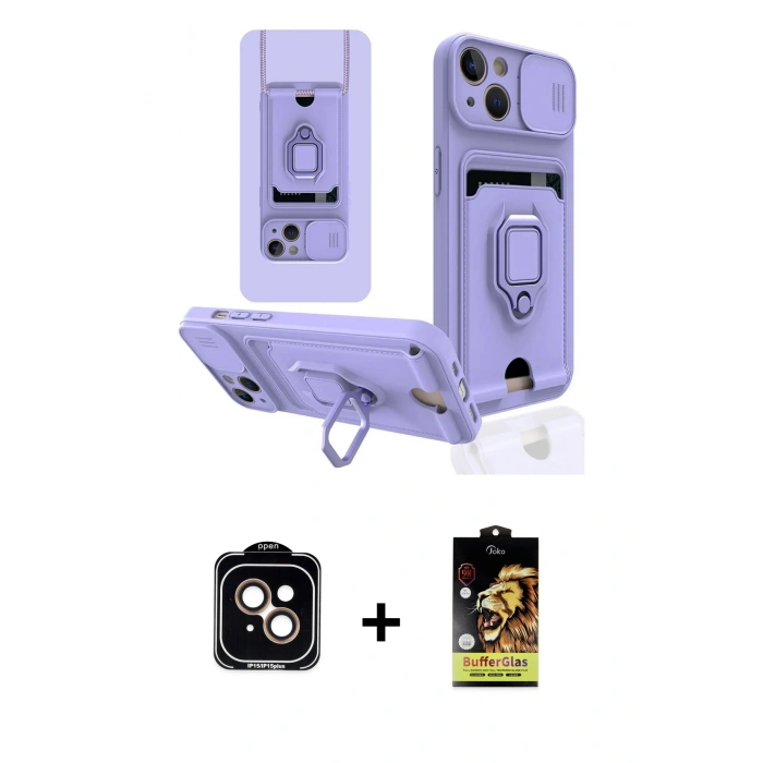 MARSİLYAN™- iPhone 14 Kılıf Vadi Form Prime - Siyah Buffer Cam Ekran Koruyucu + PVD Metal Kamera Lens - TU