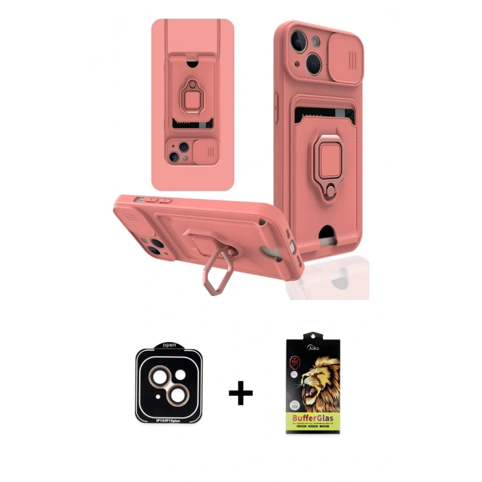 MARSİLYAN™- iPhone 14 Kılıf Vadi Form Prime - Siyah Buffer Cam Ekran Koruyucu + PVD Metal Kamera Lens - TU