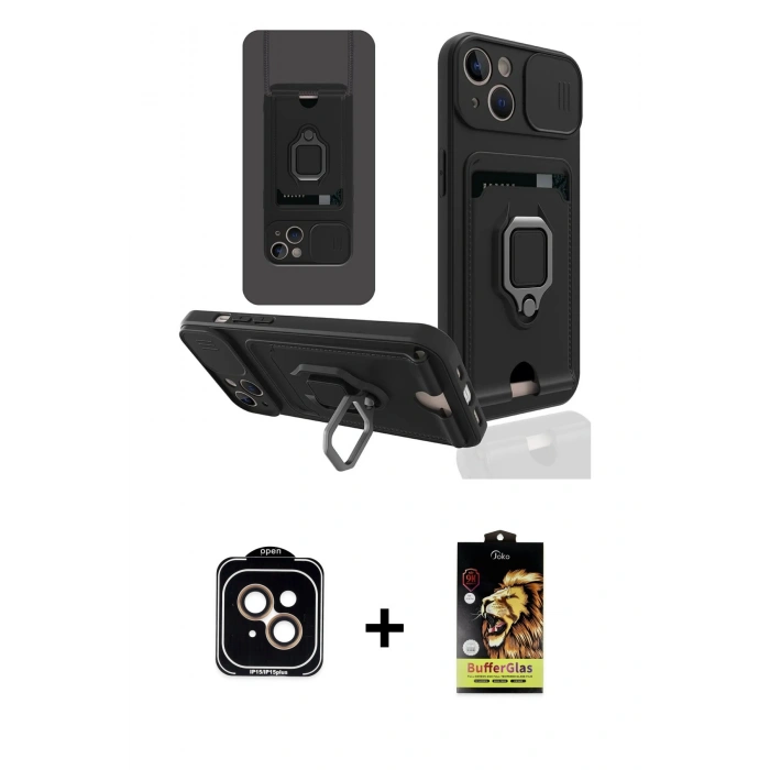 MARSİLYAN™- iPhone 14 Kılıf Vadi Form Prime - Siyah Buffer Cam Ekran Koruyucu + PVD Metal Kamera Lens - TU