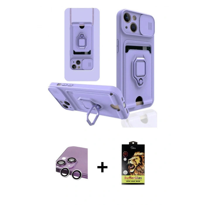 MARSİLYAN™- iPhone 14 Kılıf Vadi Form Prime - Siyah Buffer Cam Ekran Koruyucu + Raze Metal Kamera Lens - GS