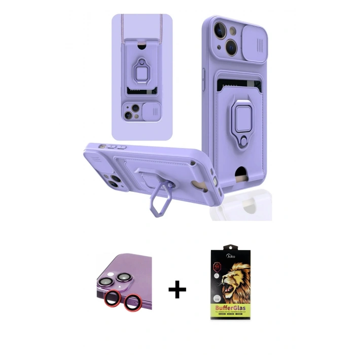 MARSİLYAN™- iPhone 14 Kılıf Vadi Form Prime - Siyah Buffer Cam Ekran Koruyucu + Raze Metal Kamera Lens - KI