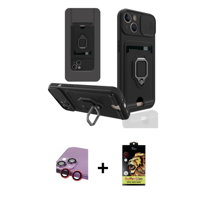 MARSİLYAN™- iPhone 14 Kılıf Vadi Form Prime - Siyah Buffer Cam Ekran Koruyucu + Raze Metal Kamera Lens - KI