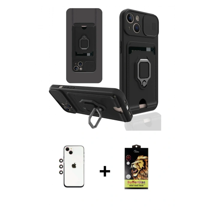 MARSİLYAN™- iPhone 14 Kılıf Vadi Form Prime - Siyah Buffer Cam Ekran Koruyucu + Shine Kamera Lens - GI
