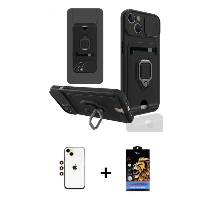 MARSİLYAN™- iPhone 14 Kılıf Vadi Form Prime - Siyah Buffer Hayalet Cam Ekran Koruyucu + Shine Kamera Lens - GD