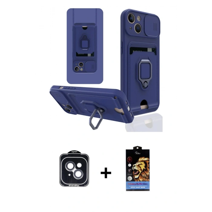 MARSİLYAN™- iPhone 14 Kılıf Vadi Form Prime - Siyah Buffer Hayalet Cam Ekran Koruyucu + PVD Metal Kamera Lens - SH