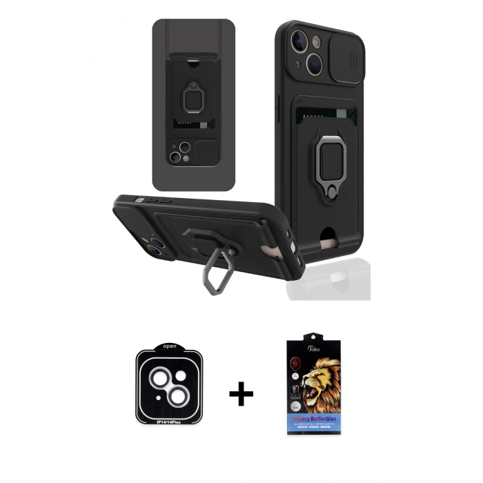 MARSİLYAN™- iPhone 14 Kılıf Vadi Form Prime - Siyah Buffer Hayalet Cam Ekran Koruyucu + PVD Metal Kamera Lens - GS