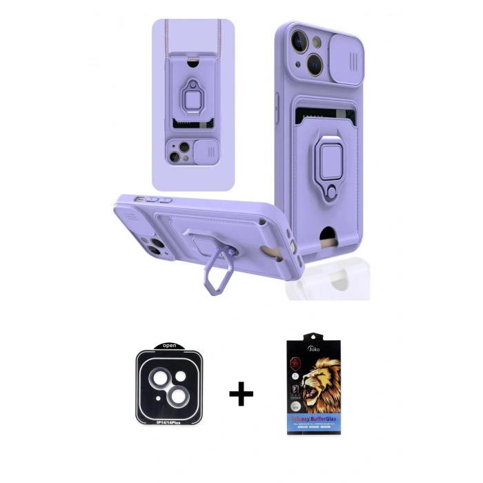 MARSİLYAN™- iPhone 14 Kılıf Vadi Form Prime - Siyah Buffer Hayalet Cam Ekran Koruyucu + PVD Metal Kamera Lens - SH
